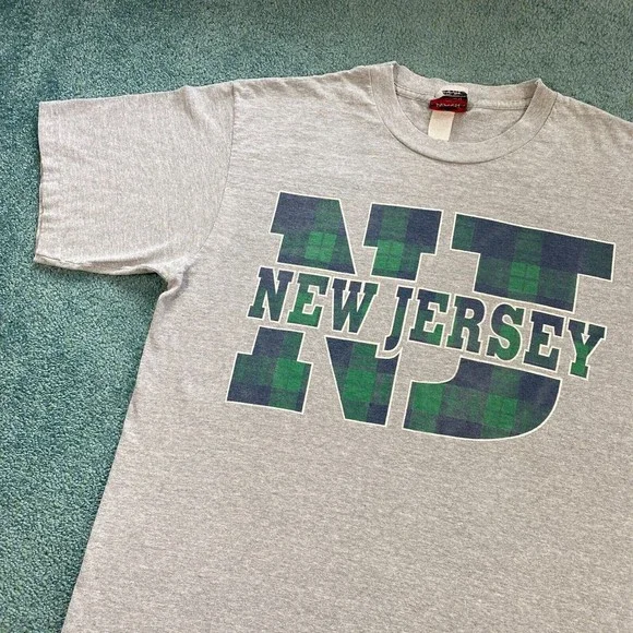 VINTAGE New Jersey Shirt Adult Large NJ State Plaid Gray Blue Green Mens 90s - Picture 2 of 12